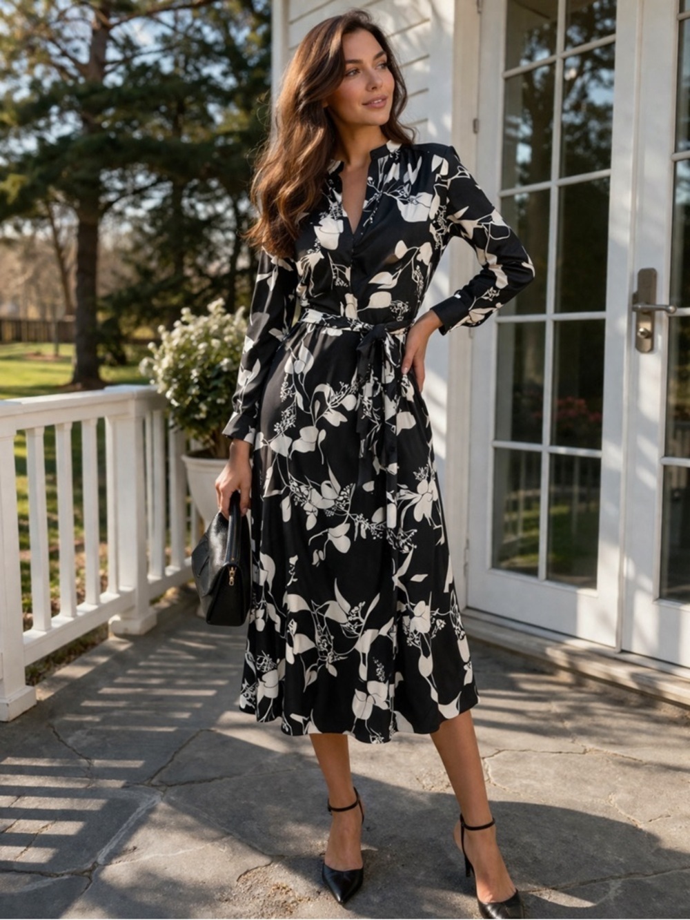 H&M Black and White Floral Wrap Midi Dress